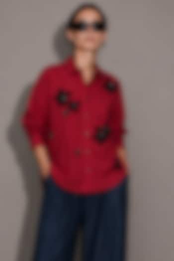 Red Poplin Floral Motif Embroidered Shirt by AS IF at Pernia's Pop Up Shop