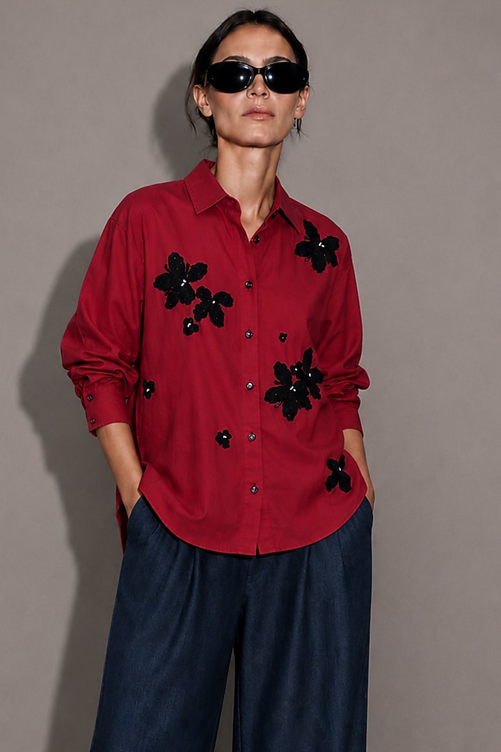 Red Poplin Floral Motif Embroidered Shirt by AS IF at Pernia's Pop Up Shop