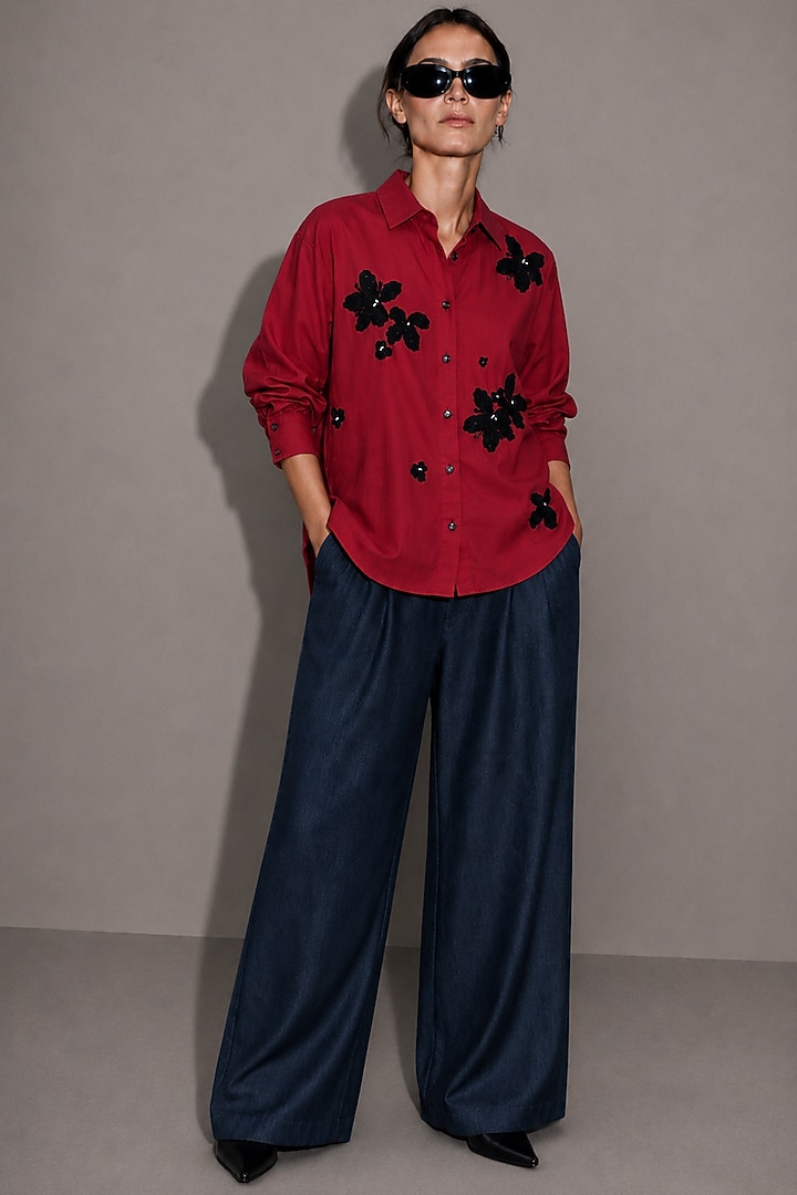 Red Poplin Floral Motif Embroidered Shirt by AS IF at Pernia's Pop Up Shop