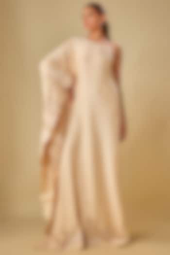 Beige & Gold Raw Silk Embroidered Off-Shoulder Kaftan by ASHUTOSH JOSHI at Pernia's Pop Up Shop