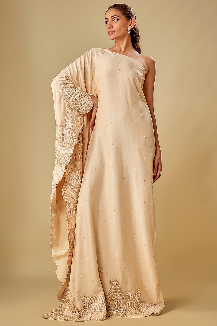 Beige & Gold Raw Silk Embroidered Off-Shoulder Kaftan by ASHUTOSH JOSHI at Pernia's Pop Up Shop