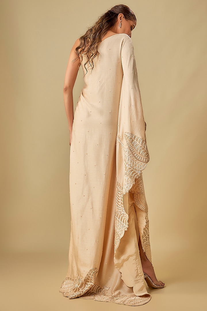 Beige & Gold Raw Silk Embroidered Off-Shoulder Kaftan by ASHUTOSH JOSHI at Pernia's Pop Up Shop