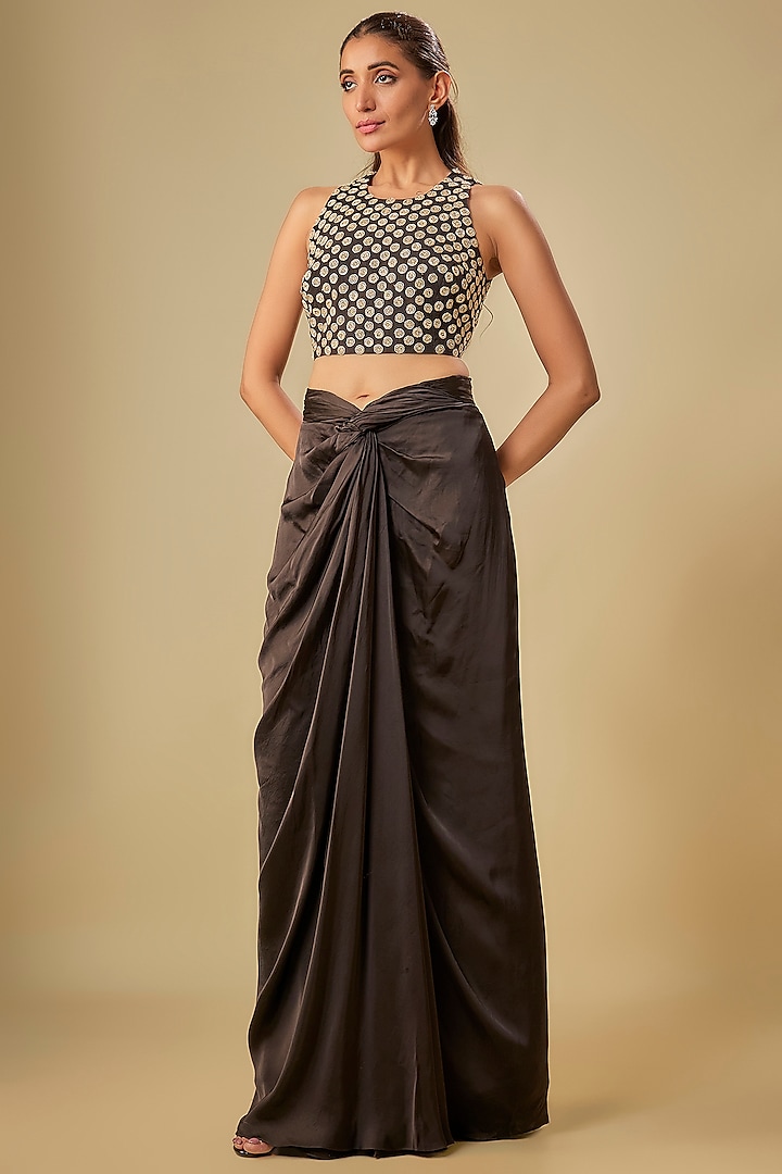 Black Bemberg Satin Knotted Skirt Set by ASHUTOSH JOSHI at Pernia's Pop Up Shop