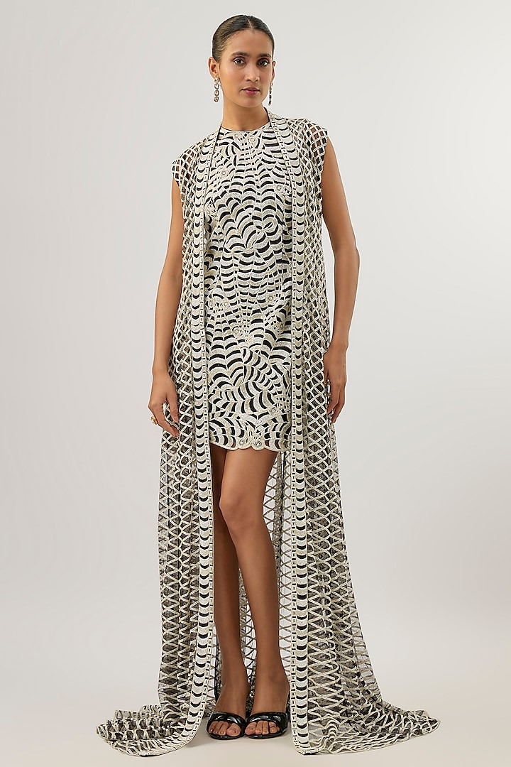 Black Crepe Paisley Hand Embroidered Jacket Party Wear Dress by ASHUTOSH JOSHI at Pernia's Pop Up Shop
