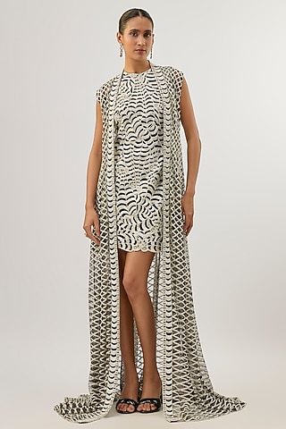 Black Crepe Paisley Hand Embroidered Jacket Dress by ASHUTOSH JOSHI