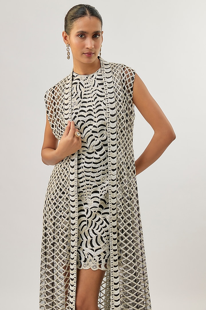 Black Crepe Paisley Hand Embroidered Jacket Party Wear Dress by ASHUTOSH JOSHI at Pernia's Pop Up Shop