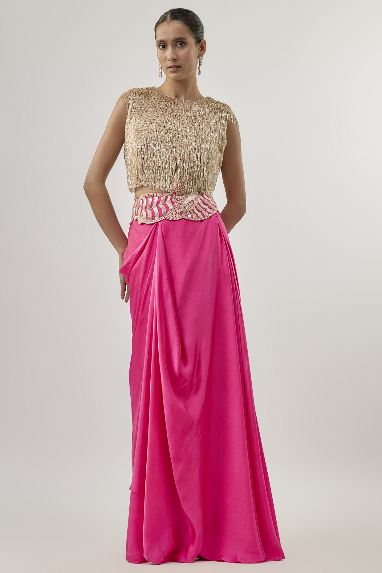 Fuchsia Pink Bemberg Satin Draped Skirt Set by ASHUTOSH JOSHI at Pernia's Pop Up Shop