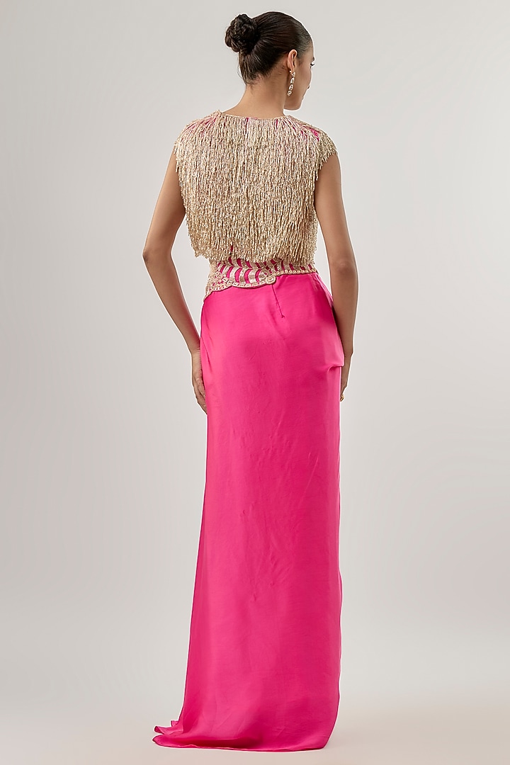 Fuchsia Pink Bemberg Satin Draped Skirt Set by ASHUTOSH JOSHI at Pernia's Pop Up Shop