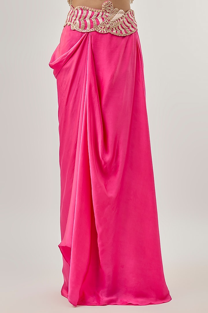 Fuchsia Pink Bemberg Satin Draped Skirt Set by ASHUTOSH JOSHI at Pernia's Pop Up Shop