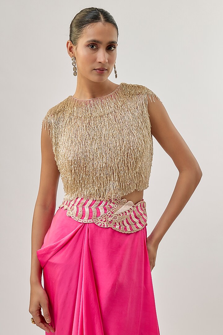 Fuchsia Pink Bemberg Satin Draped Skirt Set by ASHUTOSH JOSHI at Pernia's Pop Up Shop