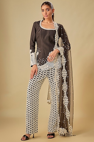 Black Raw Silk Floral Cutwork Kurta Set by ASHUTOSH JOSHI