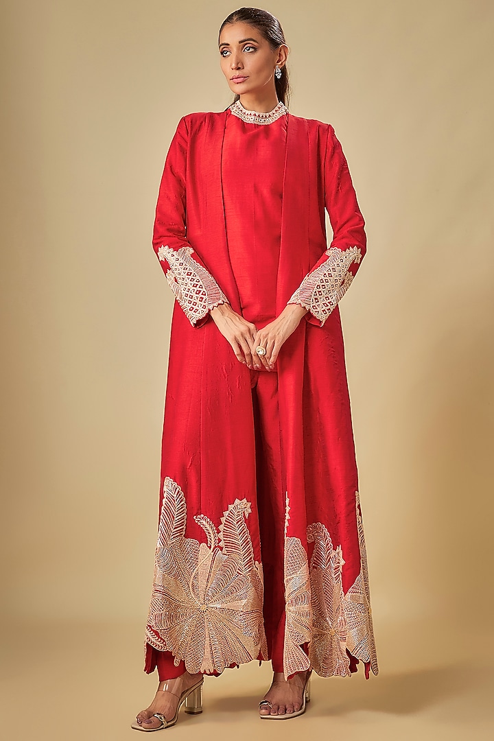 Red Raw Silk Floral Cutwork Jacket Set by ASHUTOSH JOSHI at Pernia's Pop Up Shop