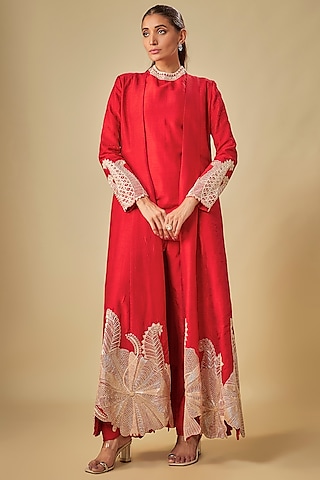 Red Raw Silk Floral Cutwork Jacket Set by ASHUTOSH JOSHI