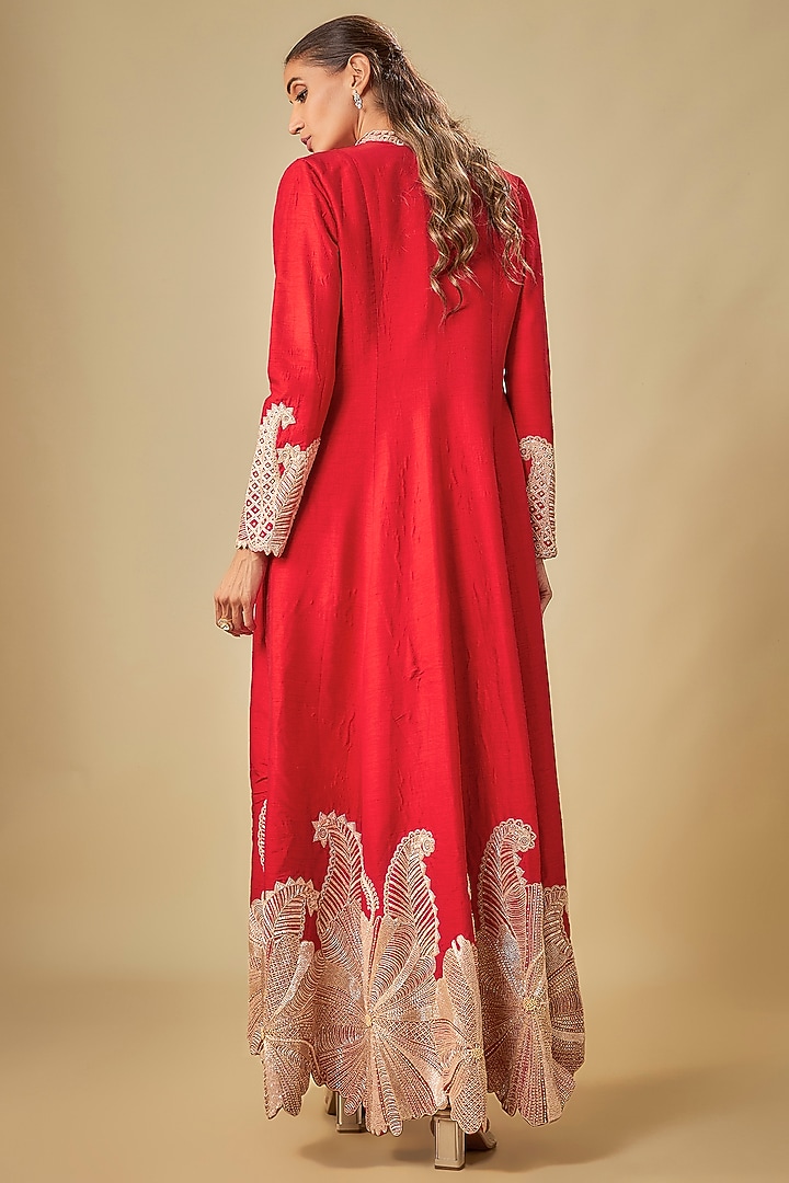 Red Raw Silk Floral Cutwork Jacket Set by ASHUTOSH JOSHI at Pernia's Pop Up Shop