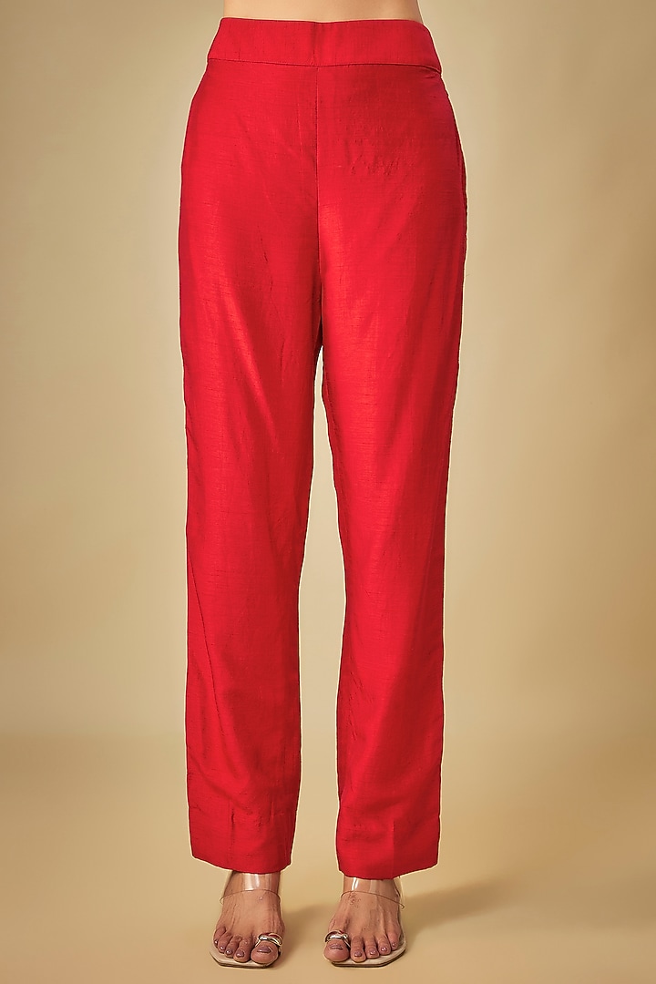 Red Raw Silk Floral Cutwork Jacket Set by ASHUTOSH JOSHI at Pernia's Pop Up Shop
