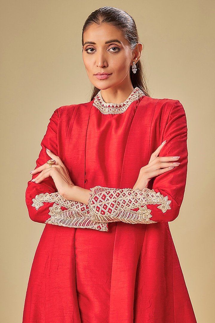 Red Raw Silk Floral Cutwork Jacket Set by ASHUTOSH JOSHI at Pernia's Pop Up Shop