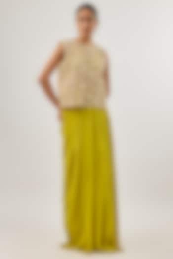 Olive Green Crepe Pleated Skirt Set by ASHUTOSH JOSHI at Pernia's Pop Up Shop
