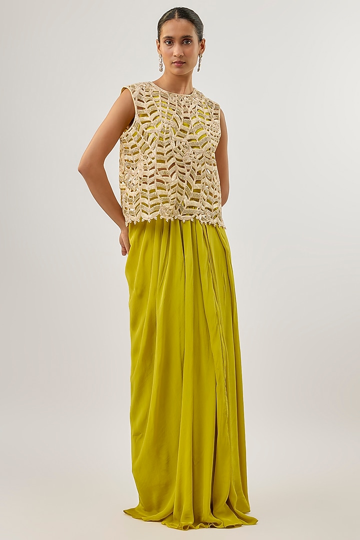 Olive Green Crepe Pleated Skirt Set by ASHUTOSH JOSHI at Pernia's Pop Up Shop