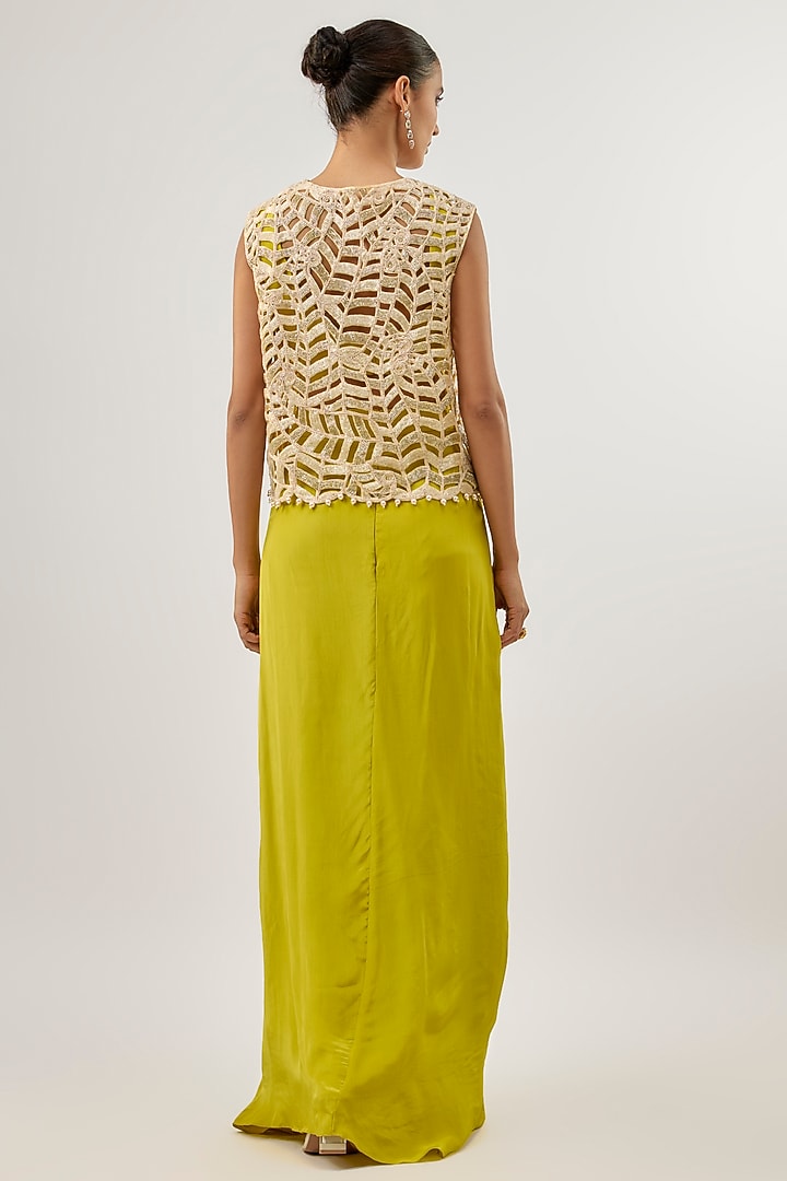 Olive Green Crepe Pleated Skirt Set by ASHUTOSH JOSHI at Pernia's Pop Up Shop