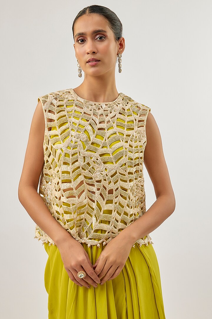 Olive Green Crepe Pleated Skirt Set by ASHUTOSH JOSHI at Pernia's Pop Up Shop