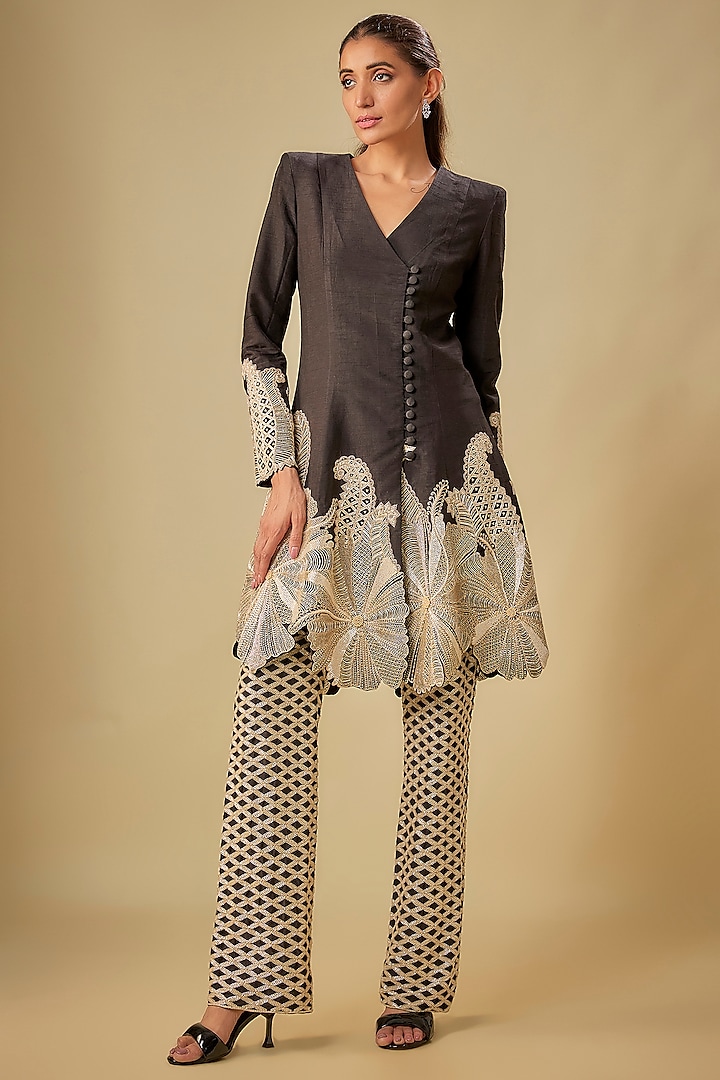 Black & Gold Raw Silk Floral Cutwork Bridal Anarkali Set by ASHUTOSH JOSHI at Pernia's Pop Up Shop