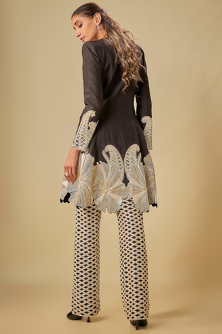 Black & Gold Raw Silk Floral Cutwork Bridal Anarkali Set by ASHUTOSH JOSHI at Pernia's Pop Up Shop