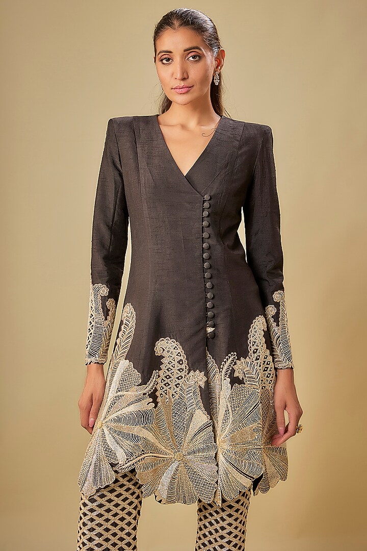 Black & Gold Raw Silk Floral Cutwork Bridal Anarkali Set by ASHUTOSH JOSHI at Pernia's Pop Up Shop