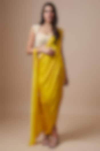 Yellow Satin Cutwork Pre-Draped Saree Set by ASHUTOSH JOSHI