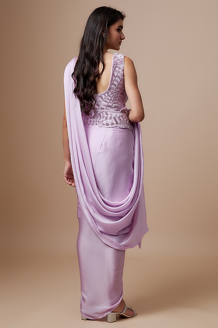 Light Lavender Satin Cutwork Pre-Draped Wedding Saree Set by ASHUTOSH JOSHI at Pernia's Pop Up Shop