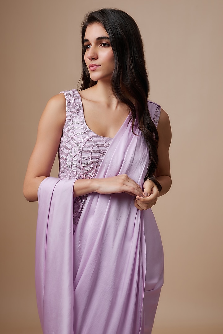 Light Lavender Satin Cutwork Pre-Draped Wedding Saree Set by ASHUTOSH JOSHI at Pernia's Pop Up Shop