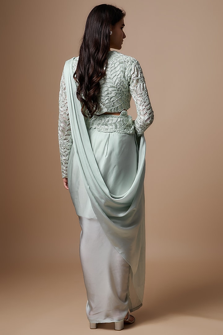 Ice Blue Satin Cutwork Pre-Draped Wedding Saree Set by ASHUTOSH JOSHI at Pernia's Pop Up Shop