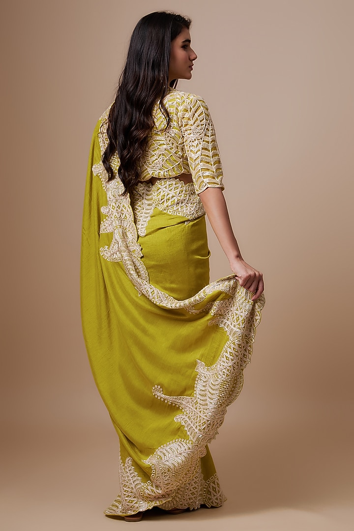 Dirty Olive & Gold Raw Silk Cutwork Reception Saree Set by ASHUTOSH JOSHI at Pernia's Pop Up Shop