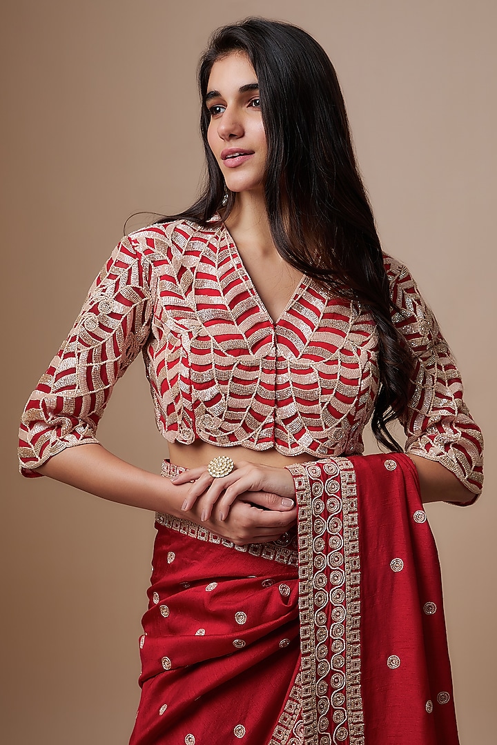 Red Raw Silk & Crepe Hand Embroidered Reception Saree Set by ASHUTOSH JOSHI at Pernia's Pop Up Shop