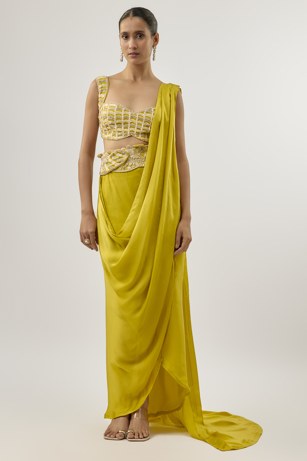 Olive Green Bemberg Satin Draped Wedding Saree Set by ASHUTOSH JOSHI at Pernia's Pop Up Shop