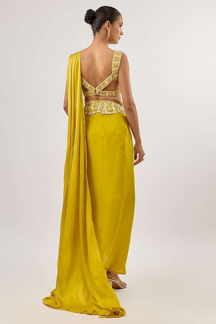 Olive Green Bemberg Satin Draped Wedding Saree Set by ASHUTOSH JOSHI at Pernia's Pop Up Shop