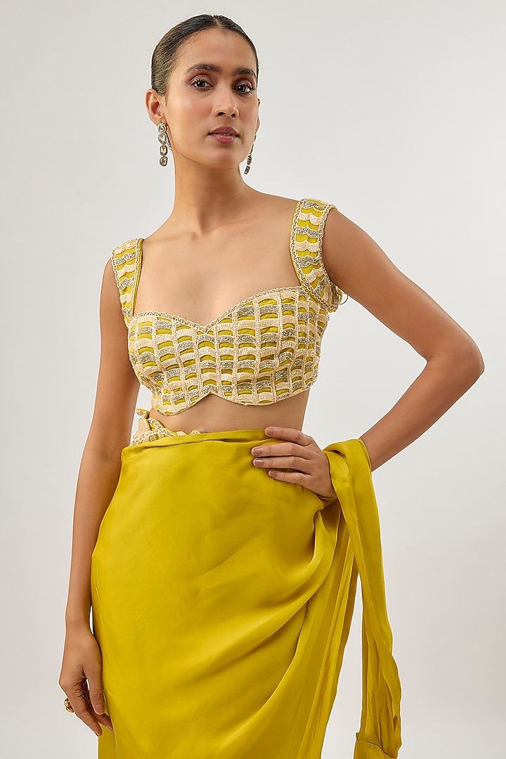 Olive Green Bemberg Satin Draped Wedding Saree Set by ASHUTOSH JOSHI at Pernia's Pop Up Shop