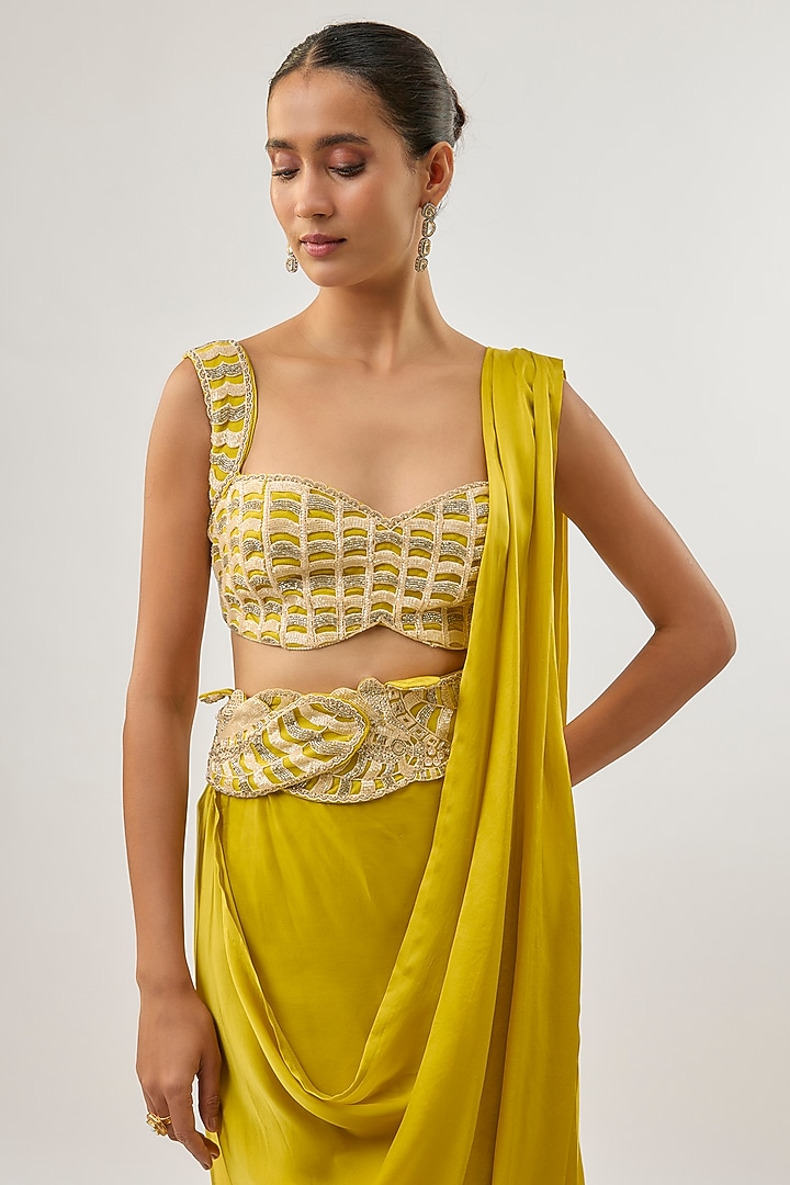 Olive Green Bemberg Satin Draped Wedding Saree Set by ASHUTOSH JOSHI at Pernia's Pop Up Shop