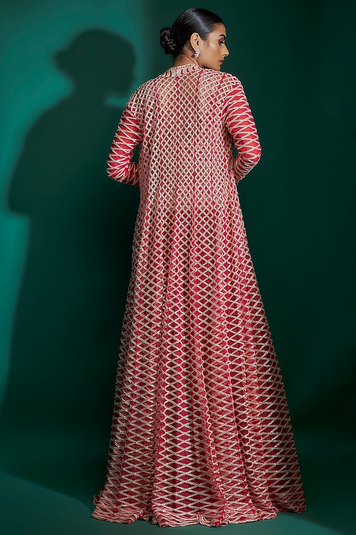 Red Bemberg Satin & Natural Crepe Hand Embroidered jacket Bridal Lehenga Set by ASHUTOSH JOSHI at Pernia's Pop Up Shop