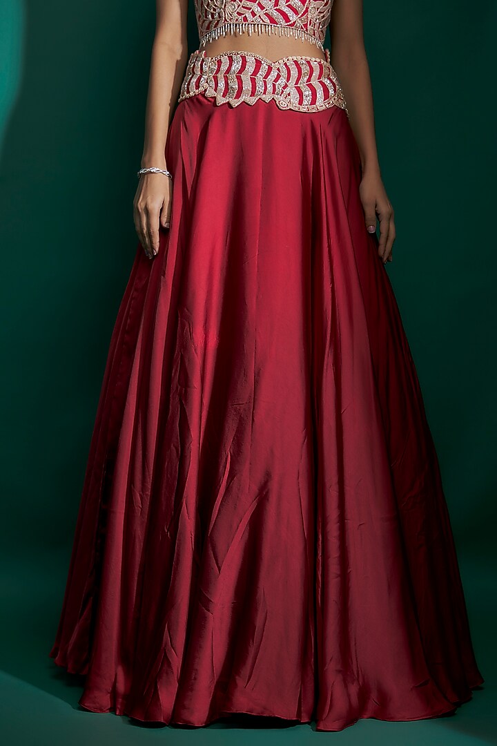 Red Bemberg Satin & Natural Crepe Hand Embroidered jacket Bridal Lehenga Set by ASHUTOSH JOSHI at Pernia's Pop Up Shop