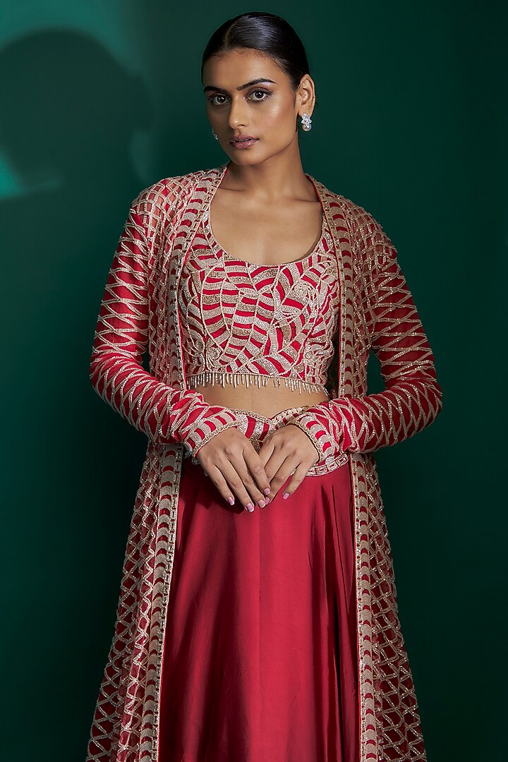 Red Bemberg Satin & Natural Crepe Hand Embroidered jacket Bridal Lehenga Set by ASHUTOSH JOSHI at Pernia's Pop Up Shop