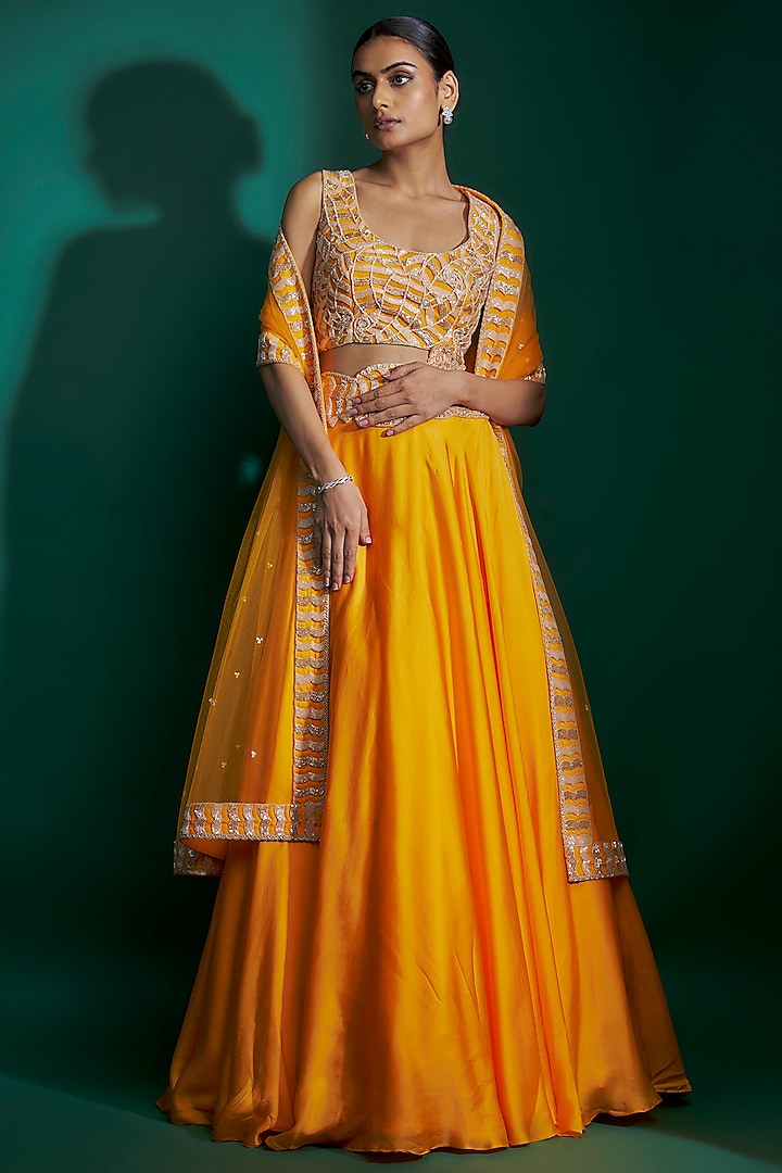 Orange & Gold Bemberg Satin Hand Embroidered Wedding Lehenga Set by ASHUTOSH JOSHI at Pernia's Pop Up Shop