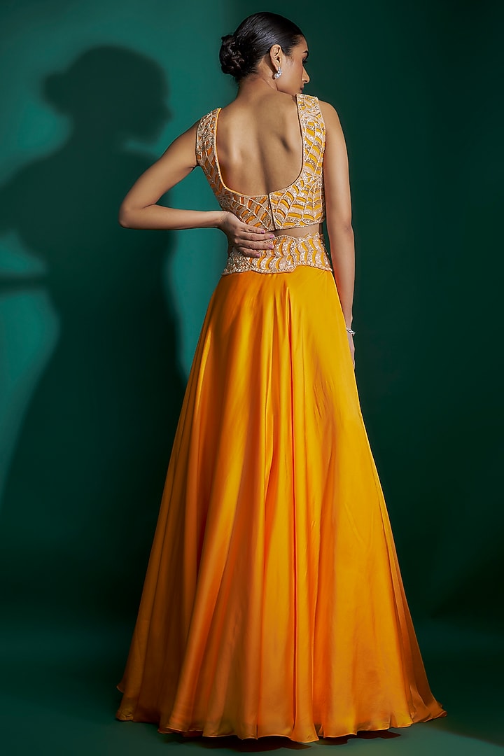 Orange & Gold Bemberg Satin Hand Embroidered Wedding Lehenga Set by ASHUTOSH JOSHI at Pernia's Pop Up Shop