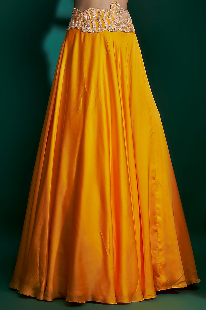 Orange & Gold Bemberg Satin Hand Embroidered Wedding Lehenga Set by ASHUTOSH JOSHI at Pernia's Pop Up Shop