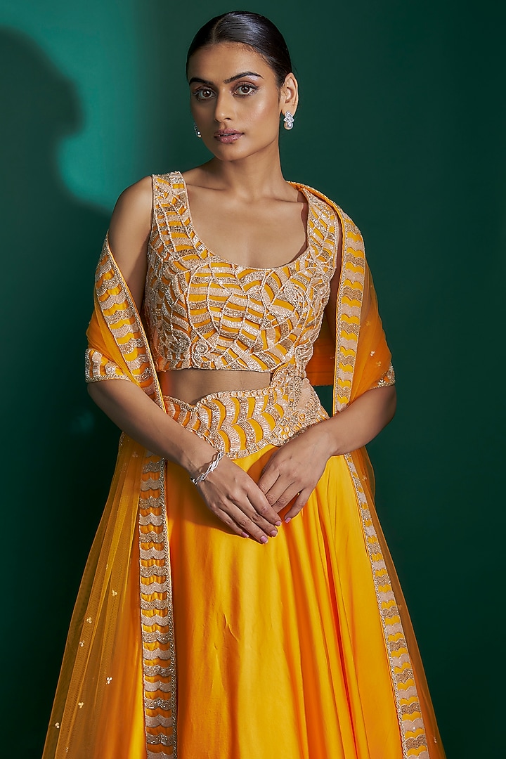 Orange & Gold Bemberg Satin Hand Embroidered Wedding Lehenga Set by ASHUTOSH JOSHI at Pernia's Pop Up Shop