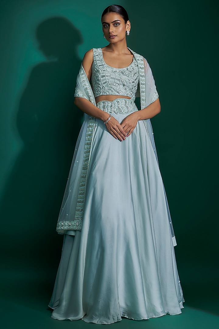 Ice Blue Bemberg Satin Hand Embroidered Wedding Lehenga Set by ASHUTOSH JOSHI at Pernia's Pop Up Shop