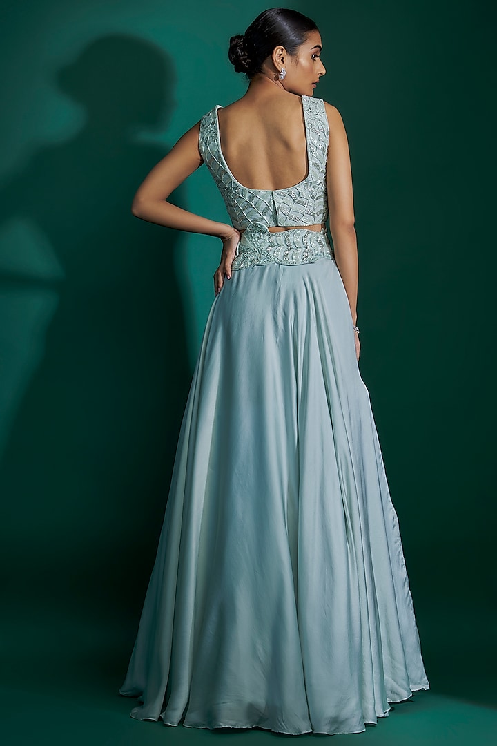 Ice Blue Bemberg Satin Hand Embroidered Wedding Lehenga Set by ASHUTOSH JOSHI at Pernia's Pop Up Shop