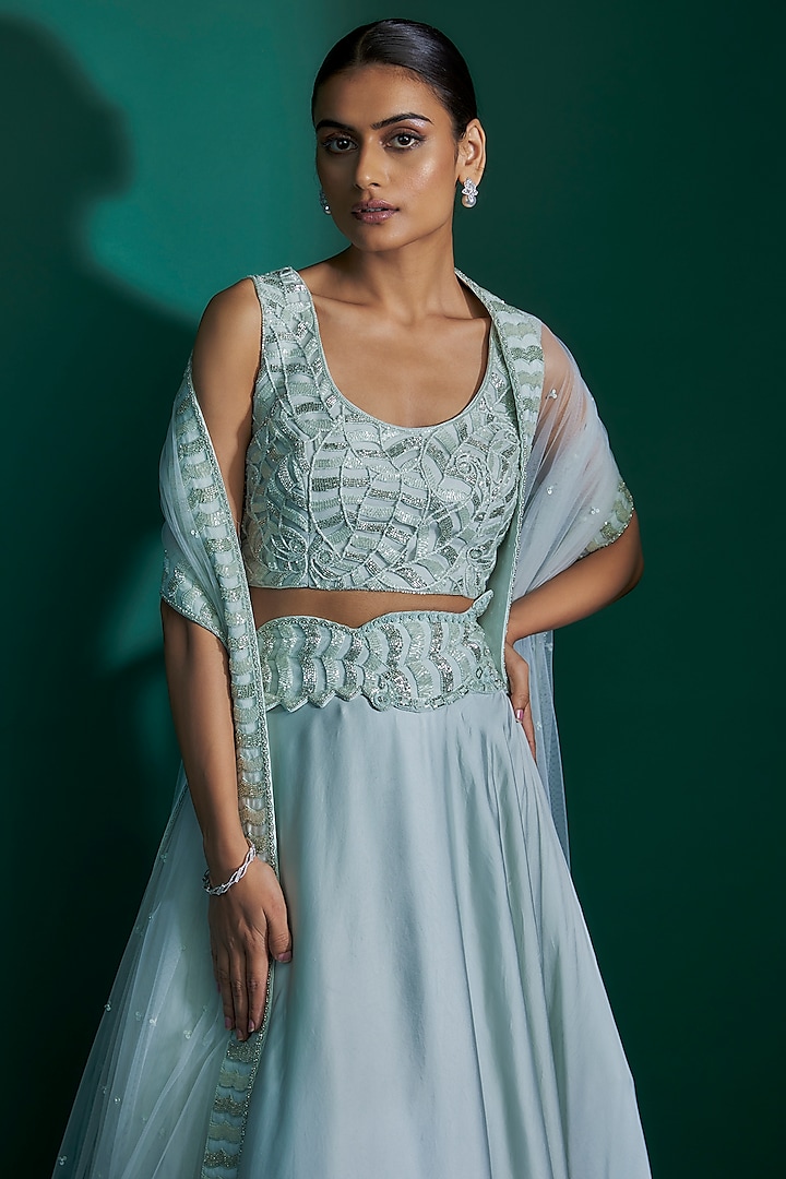 Ice Blue Bemberg Satin Hand Embroidered Wedding Lehenga Set by ASHUTOSH JOSHI at Pernia's Pop Up Shop
