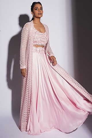 Pink Bemberg Satin Jacket Lehenga Set by ASHUTOSH JOSHI