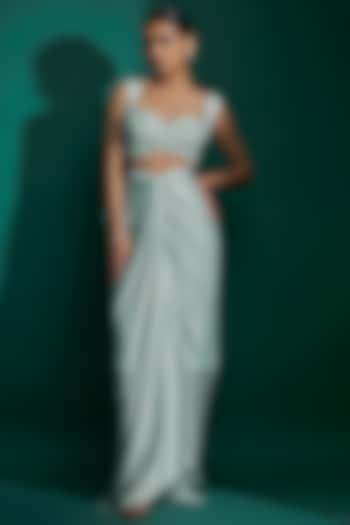 Ice Blue Bemberg Satin & Natural Crepe Draped Skirt Set by ASHUTOSH JOSHI at Pernia's Pop Up Shop