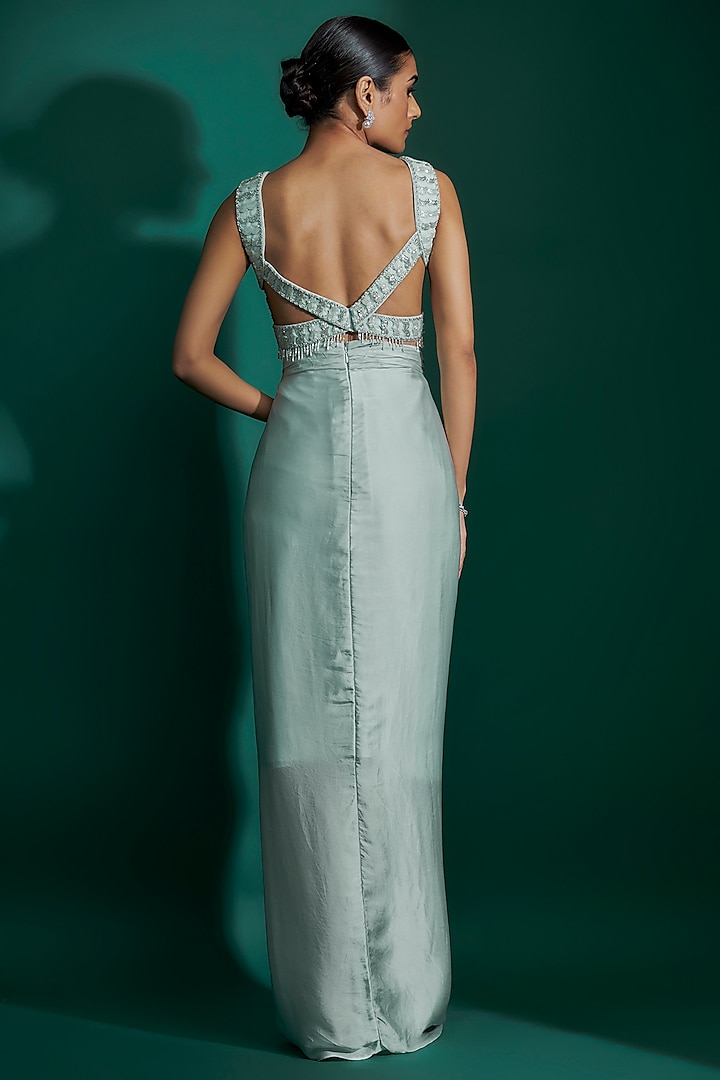 Ice Blue Bemberg Satin & Natural Crepe Draped Skirt Set by ASHUTOSH JOSHI at Pernia's Pop Up Shop